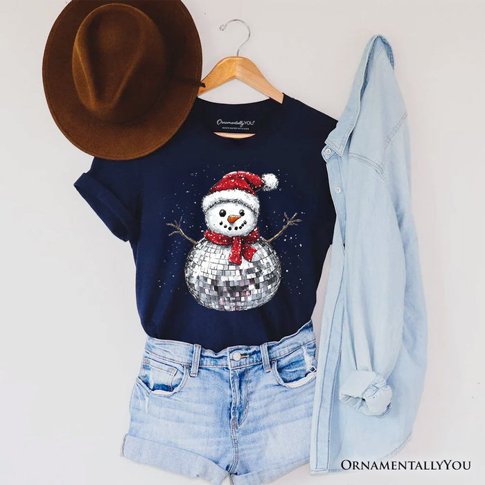 Disco Snowman Christmas T‑Shirt, Retro Holiday Tee for Dancers T-Shirts OrnamentallyYou Navy XS