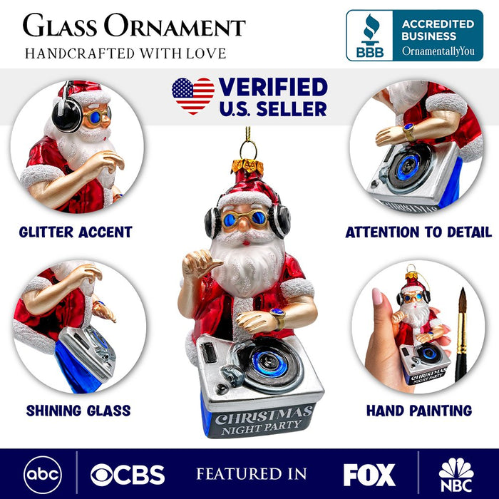 (Pre-Order) DJ Santa Spinning Christmas Party Glass Ornament, Headphones and Music Star Hipster Tree Decor Glass Ornament OrnamentallyYou