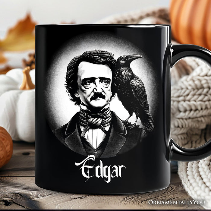Edgar Allan Poe Spooky Portrait Personalized Mug Horror Villain Theme Halloween Gift with Custom Name Personalized Ceramic Mug OrnamentallyYou Black Customized