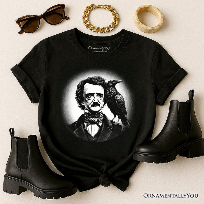 Edgar Allan Poe Spooky Portrait T-Shirt, Horror Villain Theme Halloween Tee T-Shirts OrnamentallyYou Black XS