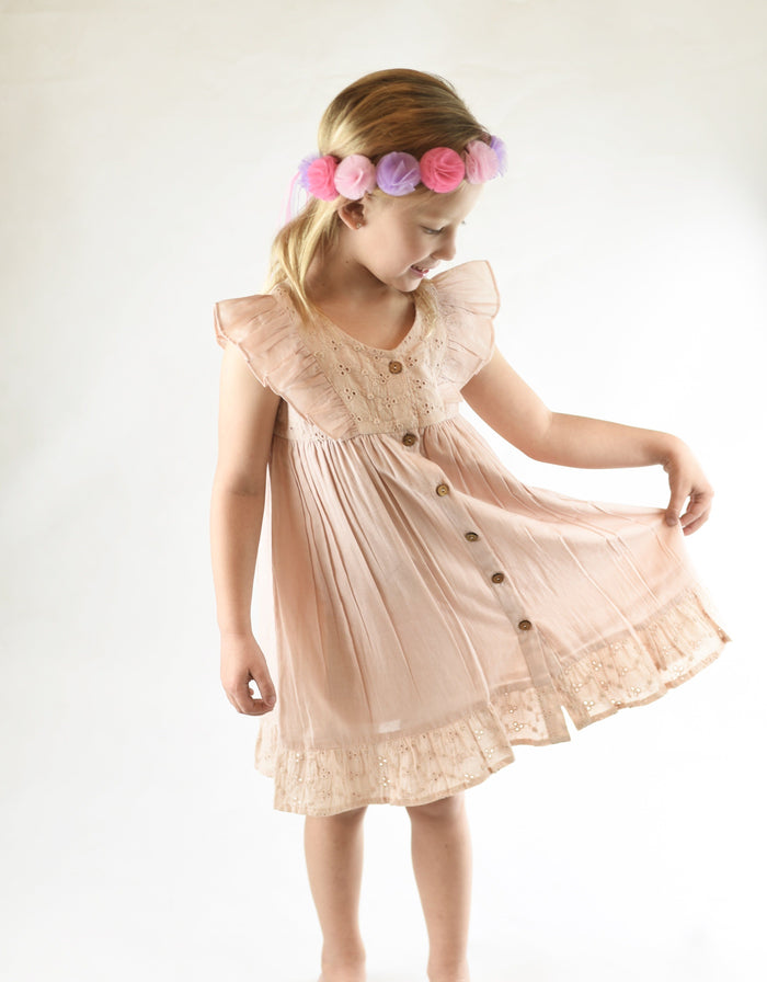 Embroidered Blush Flutter Sleeve Dress Dress Yo Baby Wholesale