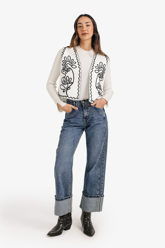 Embroidered Open Vest