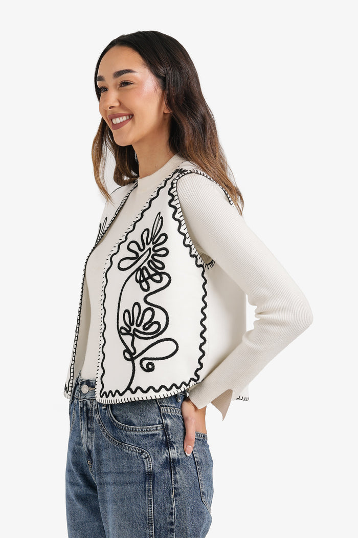 Embroidered Open Vest