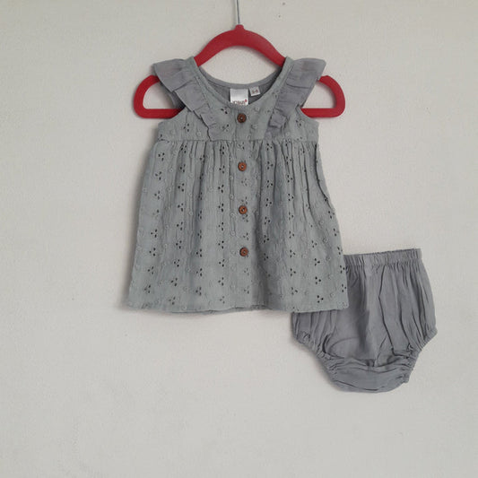 Embroidered Powder Blue Flutter Sleeve Dress With Diaper Cover Dress Yo Baby Wholesale