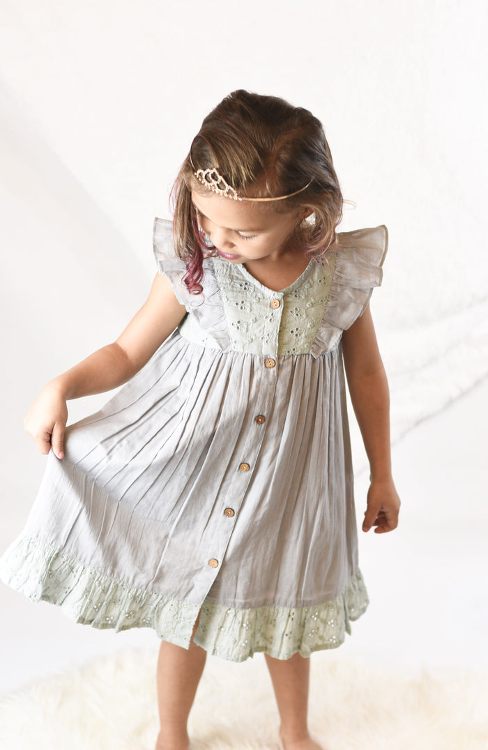 Embroidered Powder Blue Flutter Sleeve Dress Dress Yo Baby Wholesale