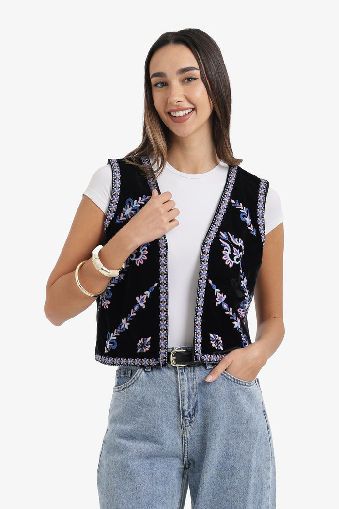 Embroidered Velvet Vest