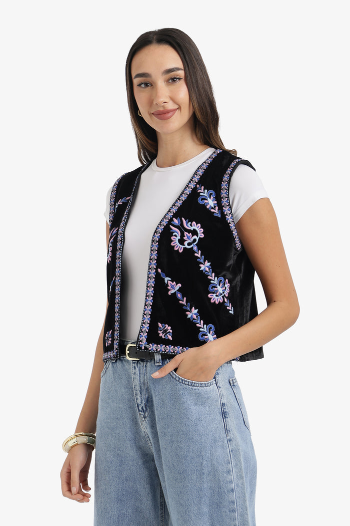 Embroidered Velvet Vest