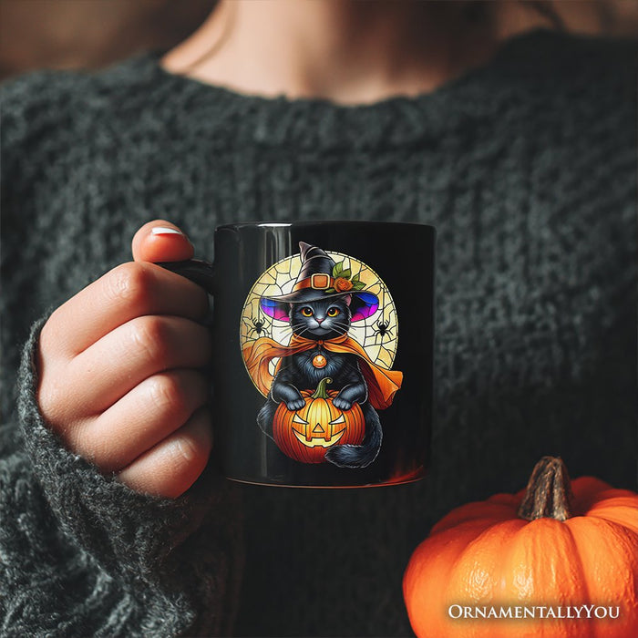 Enchanted Cat Witch Stained Glass Style Personalized Mug, Halloween Themed Gift with Custom Name Personalized Ceramic Mug OrnamentallyYou