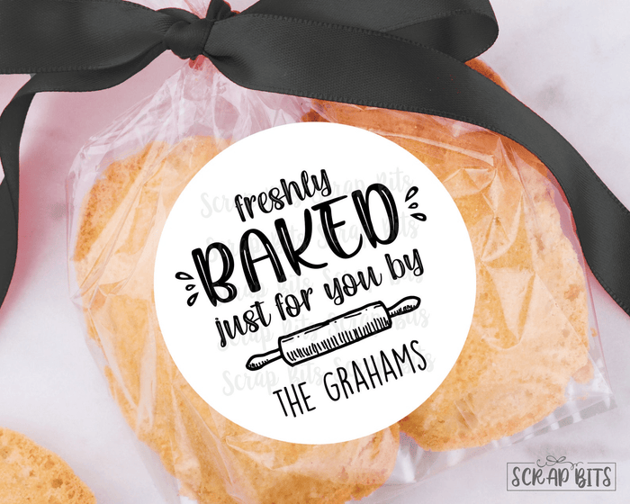 Freshly Baked Just For You Stickers, Personalized Rolling Pin Farmhouse Baking Labels - Scrap Bits
