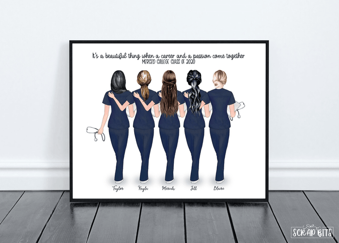 Female Nurse Group Print, Custom Nursing Friends Gift . Personalized Digital Portrait Print - Scrap Bits