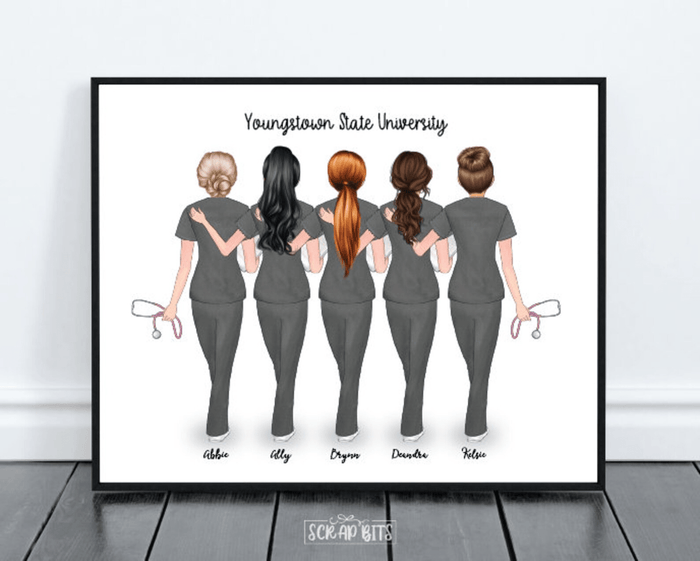 Female Nurse Group Print, Custom Nursing Friends Gift . Personalized Digital Portrait Print - Scrap Bits