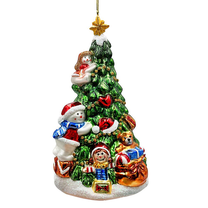 Festive Snowman and Christmas Tree Glass Ornament Glass Ornament OrnamentallyYou
