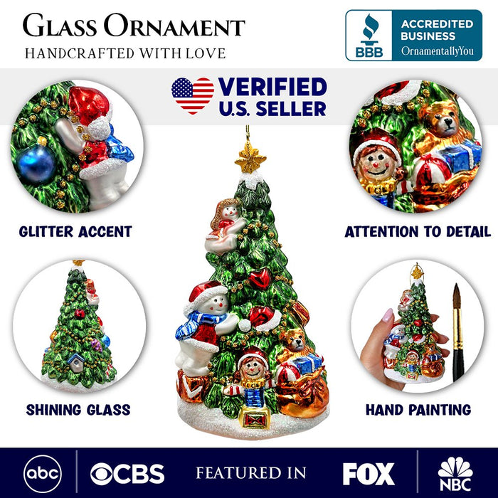 Festive Snowman and Christmas Tree Glass Ornament Glass Ornament OrnamentallyYou