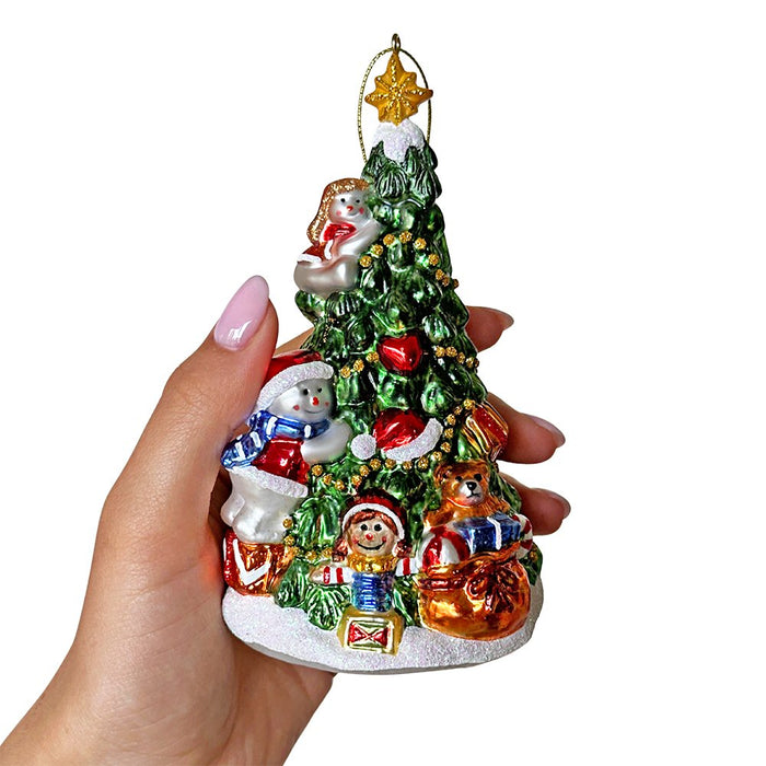 Festive Snowman and Christmas Tree Glass Ornament Glass Ornament OrnamentallyYou