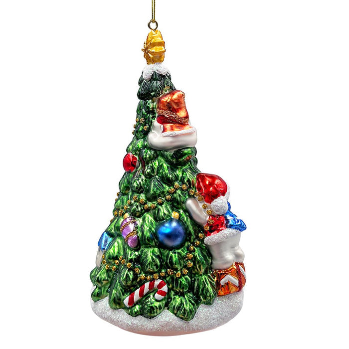 Festive Snowman and Christmas Tree Glass Ornament Glass Ornament OrnamentallyYou