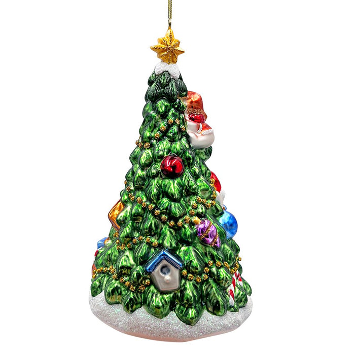 Festive Snowman and Christmas Tree Glass Ornament Glass Ornament OrnamentallyYou