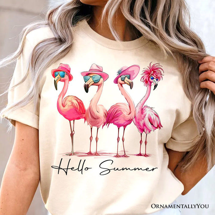 Flamingo Hello Summer T-Shirt, White and Natural Retro Tee with Tropical Birds T-Shirts OrnamentallyYou