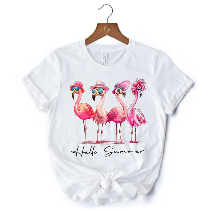 Flamingo Hello Summer T-Shirt, White and Natural Retro Tee with Tropical Birds T-Shirts OrnamentallyYou