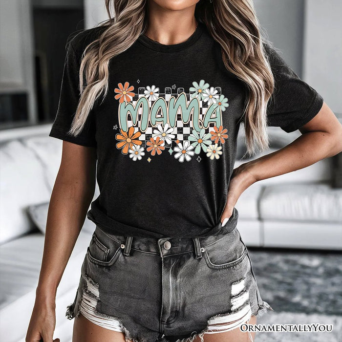 Floral Mama Checkered T-Shirt, White, Natural and Black Retro Tee for Stylish Mothers T-Shirts OrnamentallyYou