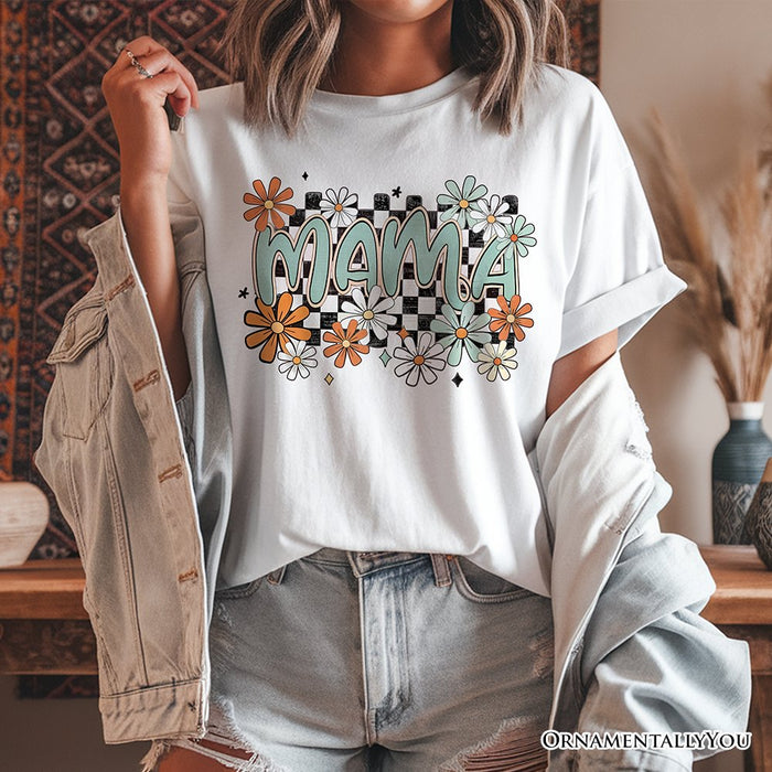 Floral Mama Checkered T-Shirt, White, Natural and Black Retro Tee for Stylish Mothers T-Shirts OrnamentallyYou