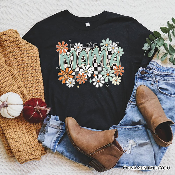 Floral Mama Checkered T-Shirt, White, Natural and Black Retro Tee for Stylish Mothers T-Shirts OrnamentallyYou Black XS