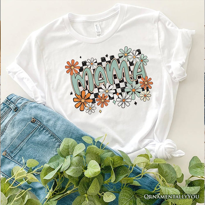 Floral Mama Checkered T-Shirt, White, Natural and Black Retro Tee for Stylish Mothers T-Shirts OrnamentallyYou White XS