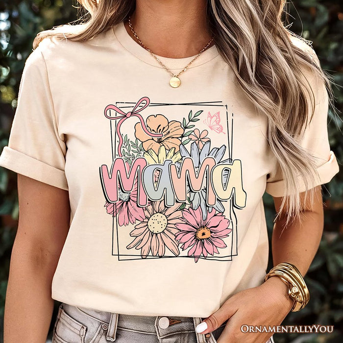 Floral Mama Coquette Bow Pastel T-Shirt, White and Natural Boho Tee With Spring Flower T-Shirts OrnamentallyYou