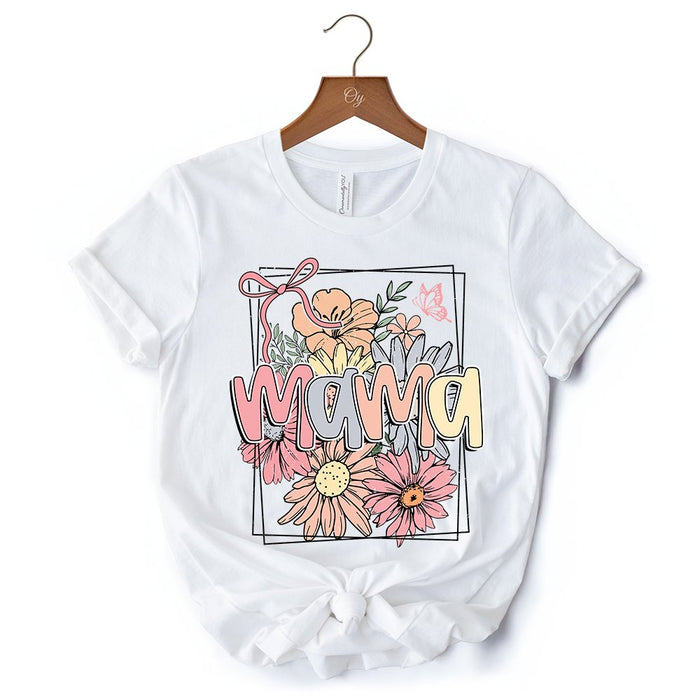 Floral Mama Coquette Bow Pastel T-Shirt, White and Natural Boho Tee With Spring Flower T-Shirts OrnamentallyYou