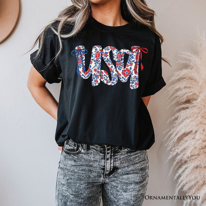 Floral USA Patriotic T-Shirt, 4th of July White, Natural and Black Tee for Stylish Women T-Shirts OrnamentallyYou