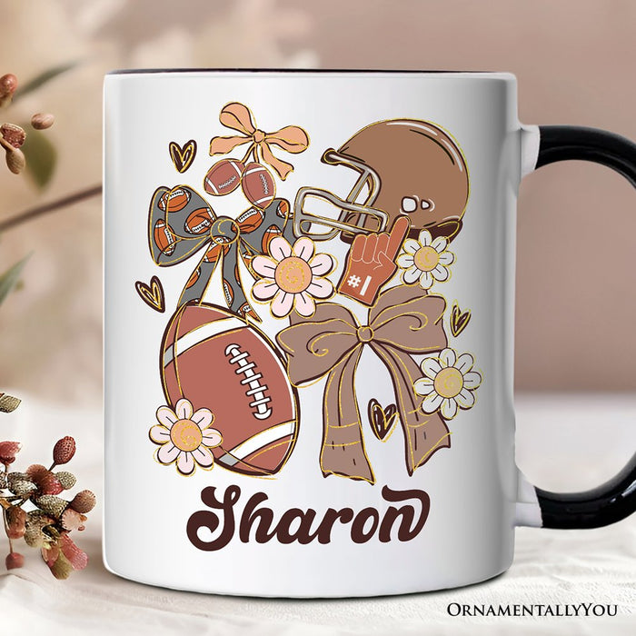 Football Mom Coquette Bow Daisy Personalized Mug, Retro Fall Game Day Preppy Gift with Custom Name Personalized Ceramic Mug OrnamentallyYou White - Black Customized