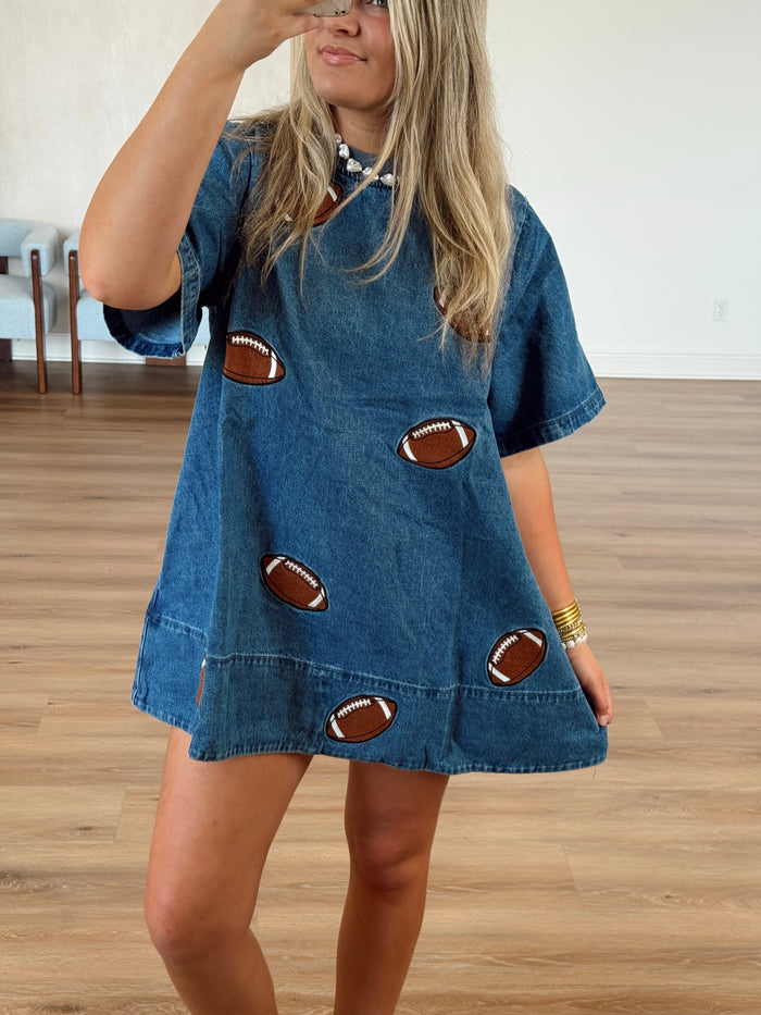 Football Patches Detail Rib Neck Banded Denim Dress