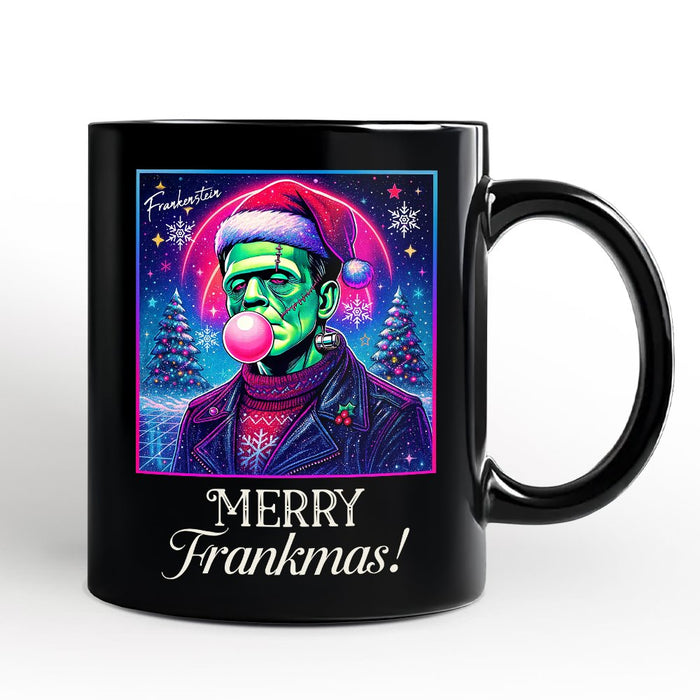 Frankenstein Christmas Vaporwave Personalized Mug, Retro Neon Holiday Gift with Custom Name Personalized Ceramic Mug OrnamentallyYou Black Non-Custom