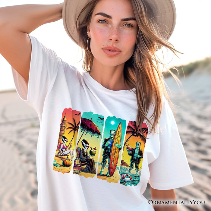 Frankenstein's Beach Vacation T-Shirt, Retro Neon Surf Style Tee for Horror Fans with Summer Vibes T-Shirts OrnamentallyYou