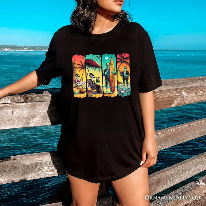 Frankenstein's Beach Vacation T-Shirt, Retro Neon Surf Style Tee for Horror Fans with Summer Vibes T-Shirts OrnamentallyYou