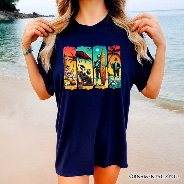 Frankenstein's Beach Vacation T-Shirt, Retro Neon Surf Style Tee for Horror Fans with Summer Vibes T-Shirts OrnamentallyYou