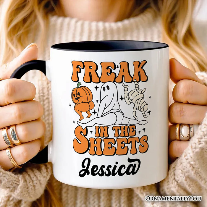 Freak in the Sheets Ghost Personalized Mug, Naughty Halloween Gift with Custom Name Personalized Ceramic Mug OrnamentallyYou