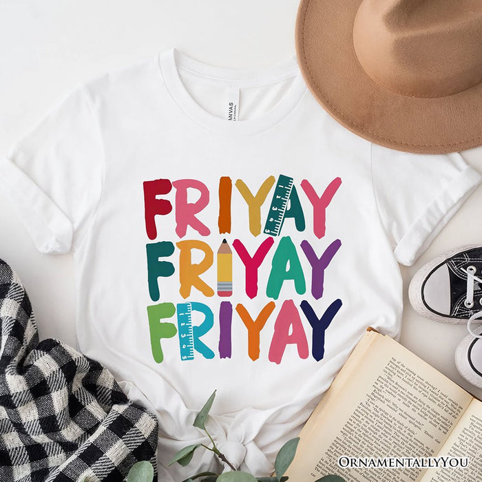 Friday Teacher T-Shirt, Friyay White, Natural, Navy and Black Weekend Vibes Tee T-Shirts OrnamentallyYou White XS