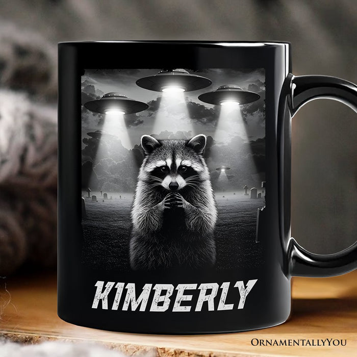 Funny Raccoon UFO Personalized Mug, Unisex Black Gift with Custom Name Personalized Ceramic Mug OrnamentallyYou Black Customized