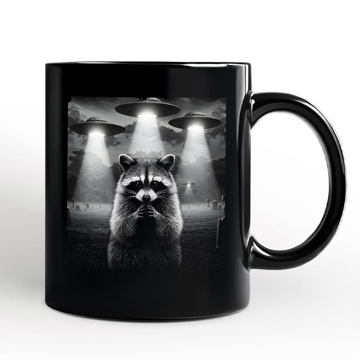 Funny Raccoon UFO Personalized Mug, Unisex Black Gift with Custom Name Personalized Ceramic Mug OrnamentallyYou Black Non-Custom