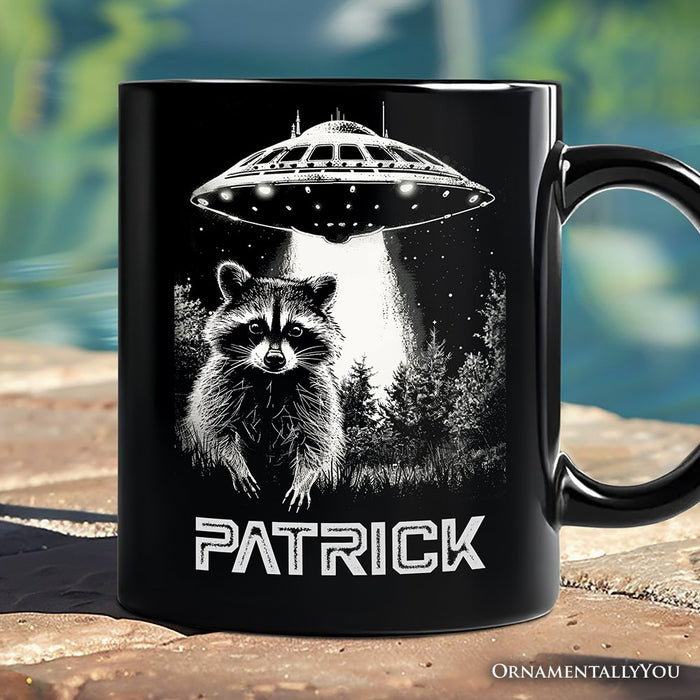 Funny UFO Raccoon Personalized Mug, Alien Gift with Custom Name Personalized Ceramic Mug OrnamentallyYou Black Customized