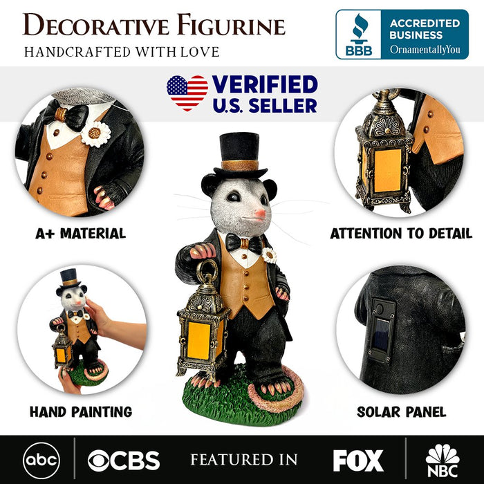 Gentleman Opossum the Victorian Nightcrawler with Solar Powered Lamp Statue, 13" Lighted Garden Statue Resin Statues OrnamentallyYou