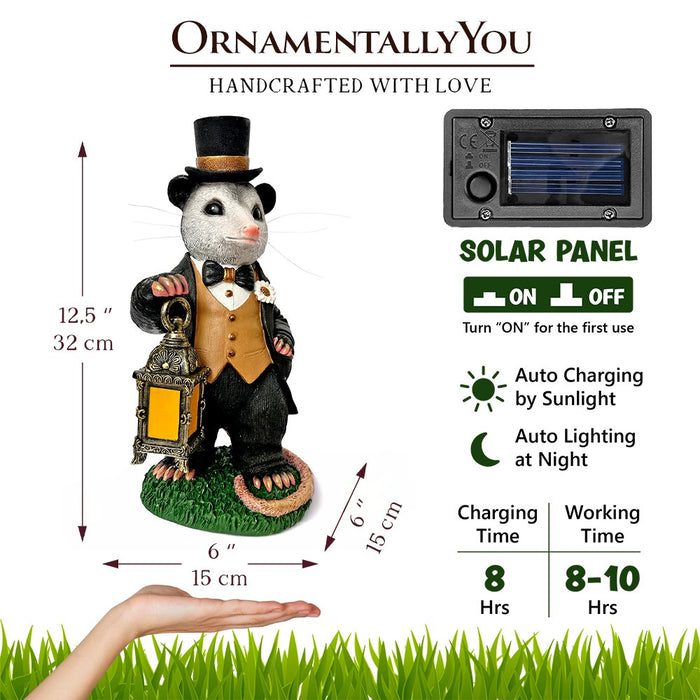 Gentleman Opossum the Victorian Nightcrawler with Solar Powered Lamp Statue, 13" Lighted Garden Statue Resin Statues OrnamentallyYou