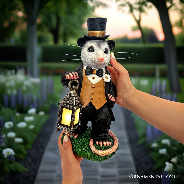 Gentleman Opossum the Victorian Nightcrawler with Solar Powered Lamp Statue, 13" Lighted Garden Statue Resin Statues OrnamentallyYou