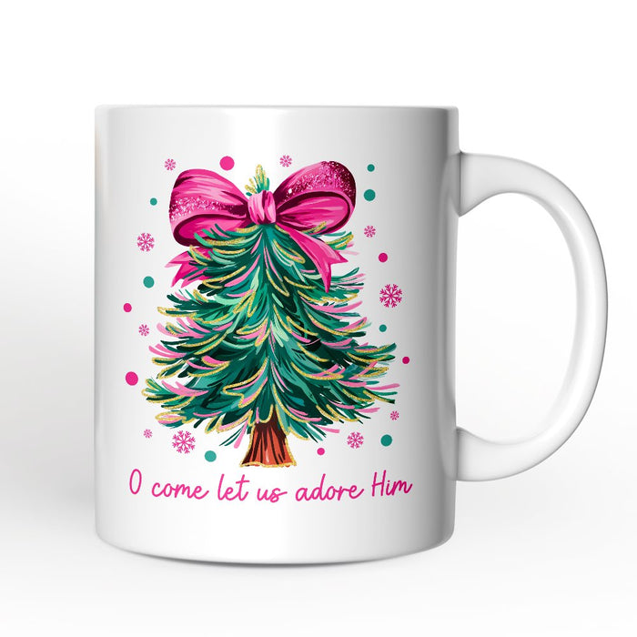 Glitter Christmas Tree Coquette Bow Personalized Mug, O Come Let Us Adore Him Holiday Gift with Custom Name Personalized Ceramic Mug OrnamentallyYou White Non-Custom