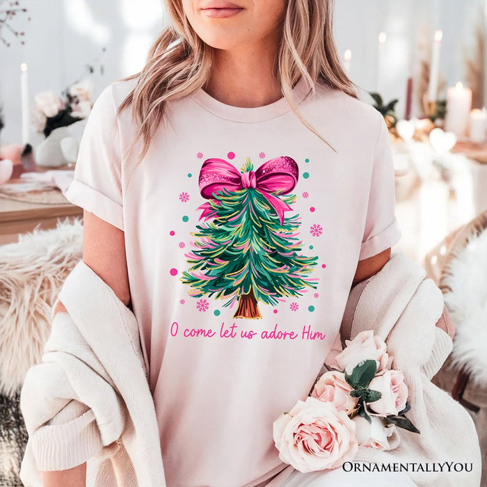 Glitter Christmas Tree Coquette Bow T‑Shirt, O Come Let Us Adore Him Holiday Tee T-Shirts OrnamentallyYou