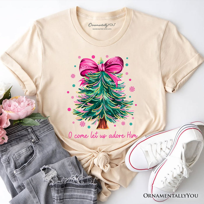 Glitter Christmas Tree Coquette Bow T‑Shirt, O Come Let Us Adore Him Holiday Tee T-Shirts OrnamentallyYou Natural XS