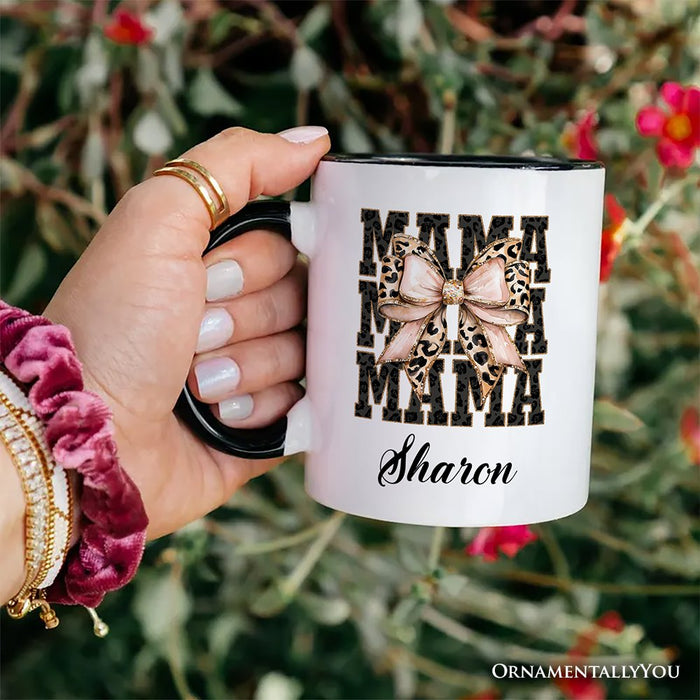 Glitter Leopard Mama Personalized Mug, Coquette Bow Glam Gift with Custom Name Personalized Ceramic Mug OrnamentallyYou