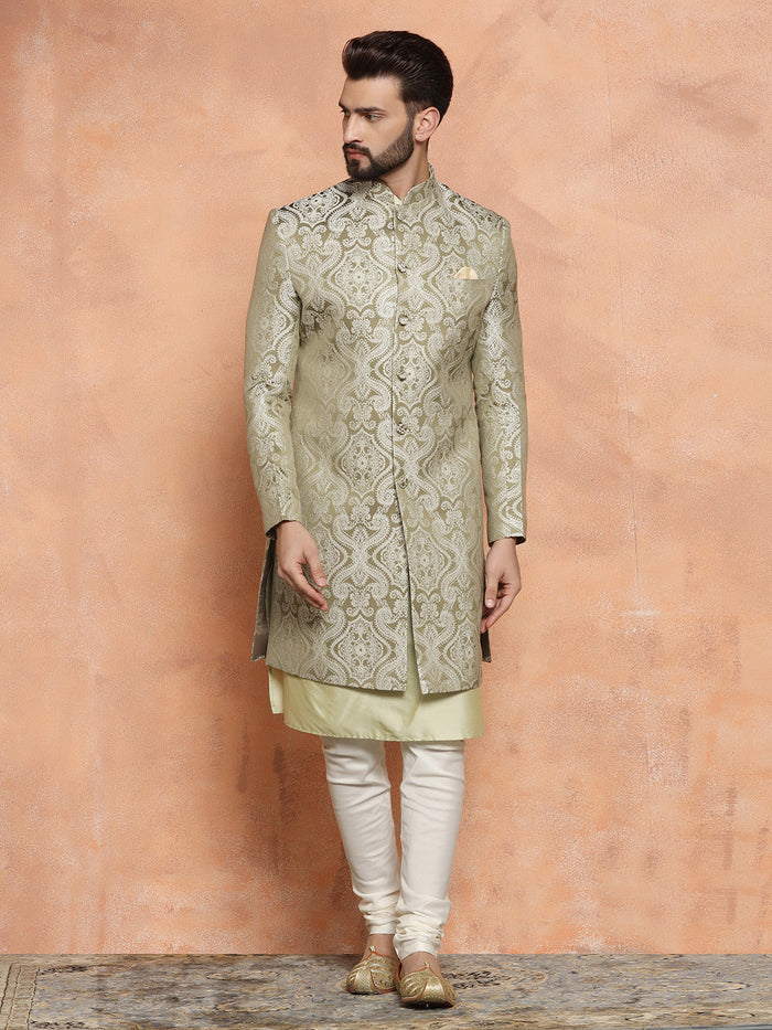Gold Silk Blend Jacquard Sherwani Set