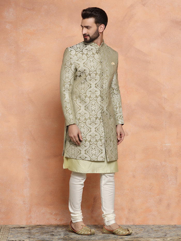 Gold Silk Blend Jacquard Sherwani Set