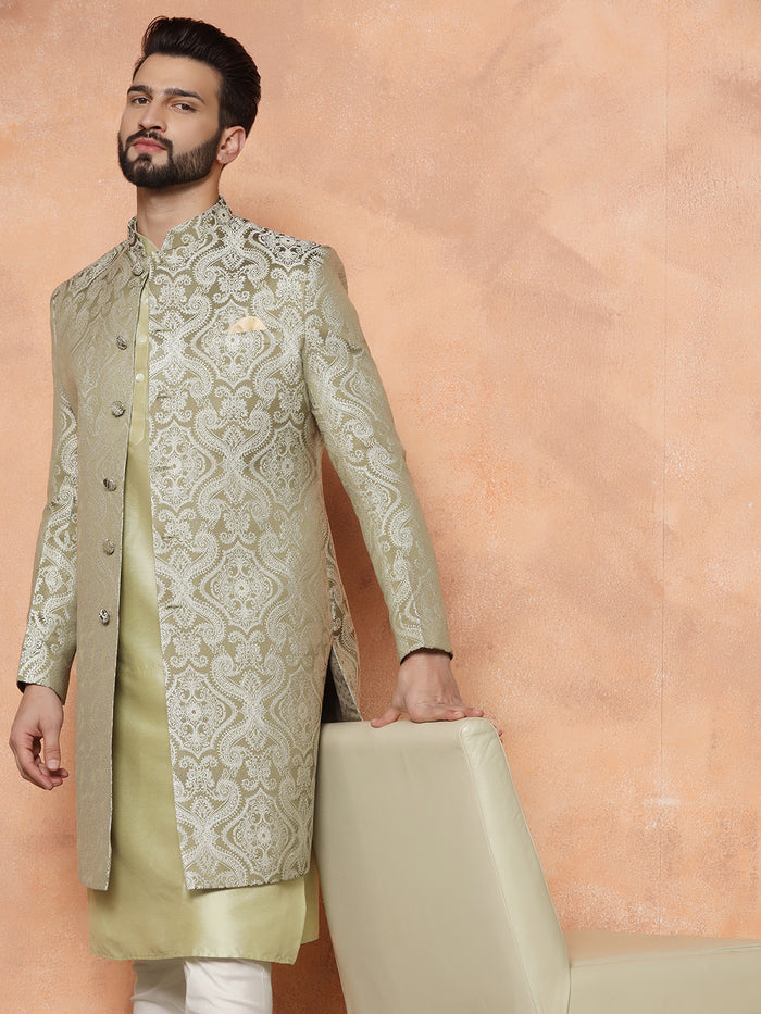 Gold Silk Blend Jacquard Sherwani Set